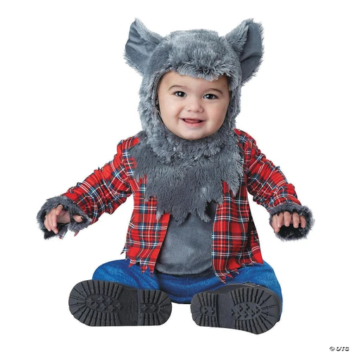 California Costumes Baby Wittle Werewolf Costume Toddler, adorable toddler wearing a fluffy grey werewolf costume with ears and face hood, red plaid shirt, and grey pants, sitting on the floor with a white background.