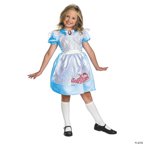 Disguise Alice Classic Costume - Alice In Wonderland, a young girl wearing a light blue and white dress with a pink and white striped Alice character embroidered on the apron, white knee-high socks, and black shoes, smiling cheerfully.