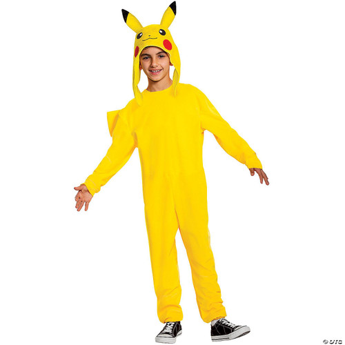 Disguise Pikachu Deluxe Child Costume, children’s yellow Pikachu jumpsuit with a Pikachu headpiece featuring ears, cheeks, and face details, perfect for cosplay or costume parties.