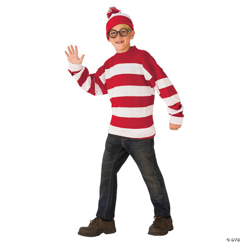 Rubies Where's Waldo Deluxe Costume- Child Small, Child dressed as Waldo from Where's Waldo with red and white striped shirt, red hat with pom-pom, round glasses, jeans, and brown boots.
