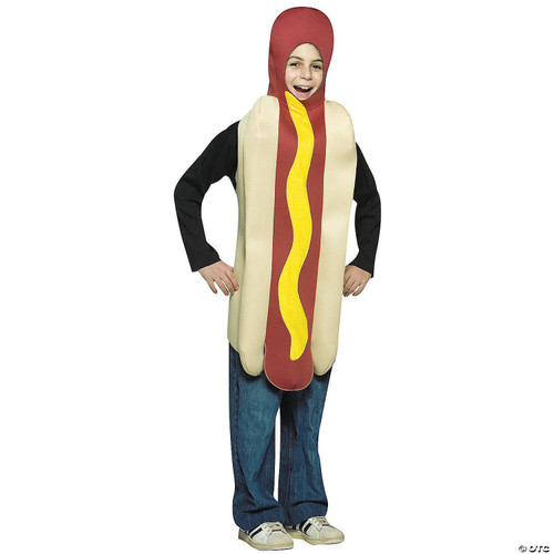 Rasta Imposta Hot Dog Costume Child Medium, fun hot dog sandwich costume with bun, sausage, and mustard design worn by a child, perfect for Halloween or costume parties.