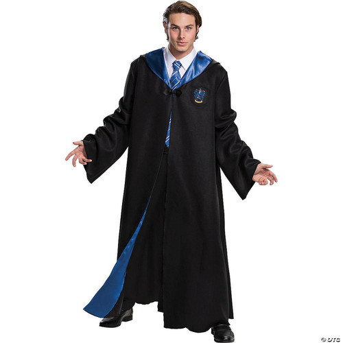Disguise Harry Potter Ravenclaw Deluxe Robe Deluxe - Adult, adult man wearing a black Ravenclaw house robe from Harry Potter with blue accents, crest patch, and wizardly style for cosplay or costume party.