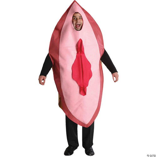 Rasta Imposta Big Pink Costume Adult, humorous pink costume resembling a giant realistic broken-open peach or similar fruit with a man inside, designed for adults, fun and eye-catching attire for parties or events.