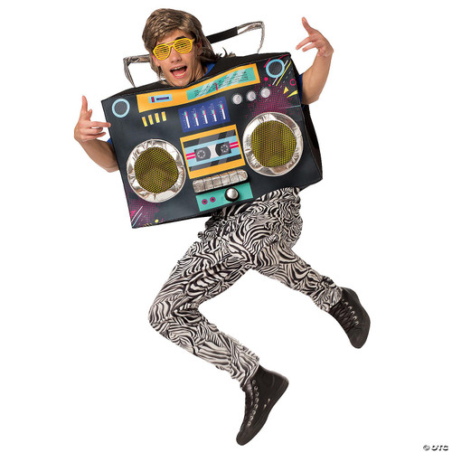 Rasta Imposta Boombox Costume - Adult, colorful boombox costume worn by a person with zebra print pants and sunglasses.
