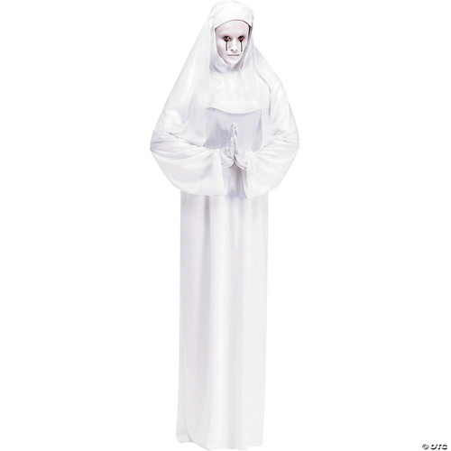 Fun World Scary Mary Costume - Adult Standard, a creepy white nun costume with sinister makeup and tear streaks, suitable for Halloween or themed events.