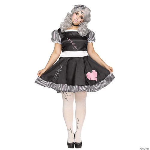 Fun World Broken Doll Costume Women's Plus Size, Halloween costume featuring a black dress with white striped accents, pink heart and stitched details, and a gray wig with a black and white striped bow.
