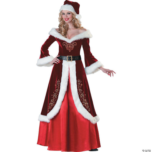 Incharacter Mrs. St. Nick Costume Adult, festive Christmas dress with red velvet fabric, white faux fur trim, embroidered details, and matching Santa hat.