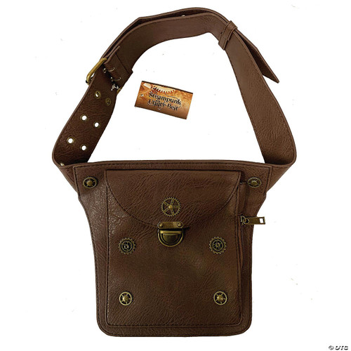 HMS Steampunk Gear Studded Utility Belt, brown leather belt with steampunk gear accents and multiple vanity pockets.