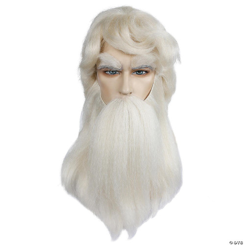 Lacey Costume Wigs Santa wig & Beard Set 004YH - Yak, white wig and beard set for Santa costumes with long fluffy hair and beard on mannequin head.
