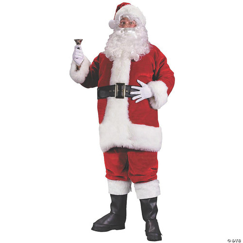 Fun World Santa Suit - Regency Plush Red, Santa Claus costume with red plush coat and pants, white fur trim, black belt, black boots, white gloves, red hat with white trim, and Santa beard, costume for Christmas celebrations and holiday parties.