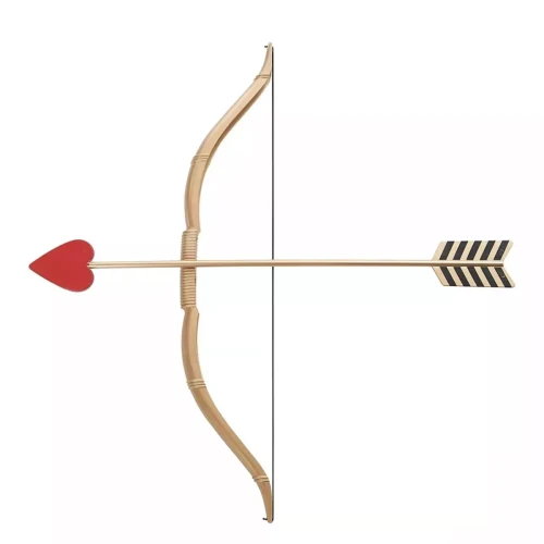 California Costumes Cupid Bow Arrow, toy bow with a red heart-shaped arrow and a tan bow with black striped arrow fletching.