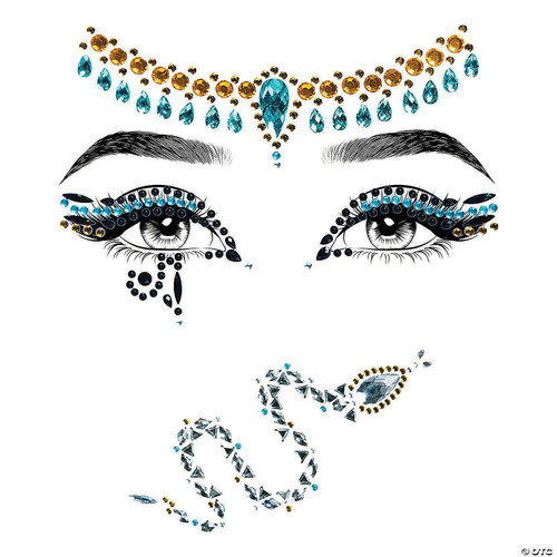 Leg Avenue Cleopatra Jeweled Face Sticker, intricate face design with blue and gold jewel embellishments, featuring eye makeup, arched eyebrows, and decorative forehead and chin jewels.