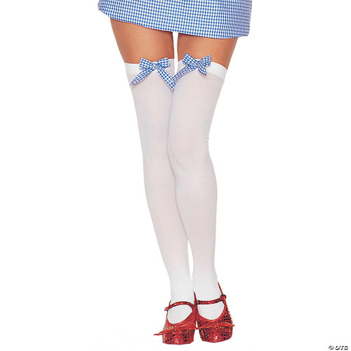Leg Avenue White & Blue Thigh-Highs With Bow, white thigh-high stockings with blue and white checkered bows.