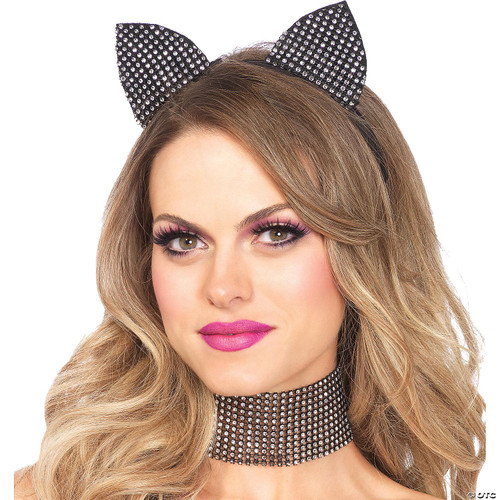 Leg Avenue Rhinestone Cat Ears & Choker, black rhinestone makeup accessories on a woman with wavy hair and pink makeup.