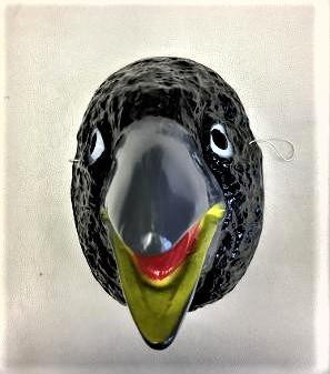 Fantasy Costumes Crow Animal Mask - Plastic, black bird-shaped mask with detailed feathers, large eyes, and a prominent yellow beak with a red smile, ideal for costumes and role-playing.