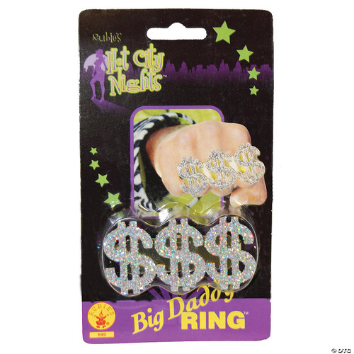Rubies Triple Dollar Sign Ring, sparkling glittery dollar sign rings with rhinestones on a packaging card.