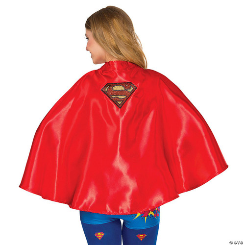 Rubies Supergirl Cape, red superhero cape with Supergirl emblem on the back worn by a woman.