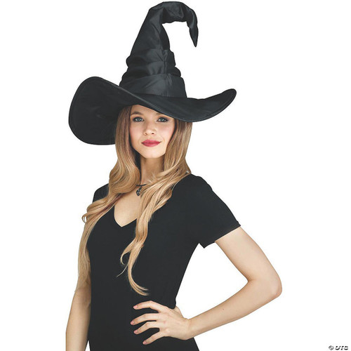 Fun World Witch Hat Curved Cone - Black, a black pointed witch hat with a curved cone design worn by a young woman in a black dress.