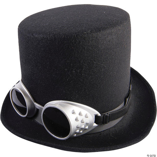 Forum Steampunk Hat W/Goggles-Black, black steampunk top hat with attached goggles featuring silver details