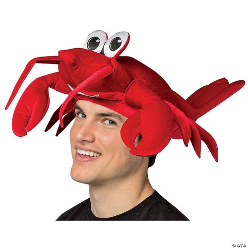 Rasta Imposta Lobster Hat, plush red lobster costume hat with large claws and cartoonish eyes worn by a smiling man.
