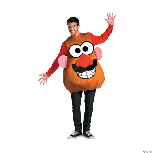 Disguise Mr. Potato Head Deluxe Costume - Adult, a man wearing a large potato-shaped costume with cartoonish facial features, pink ears, and a wide grin.