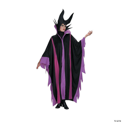 Disguise Maleficent Deluxe Adult Costume - Sleeping Beauty, a woman wearing a detailed black and purple Maleficent costume with a dramatic horned headdress and flowing robes, perfect for Halloween or cosplay.