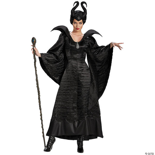 Disguise Maleficent Christening Gown - Maleficent Movie - Adult, woman dressed as Maleficent with a gothic black gown, horned headpiece, and staff, cosplay costume for adults.