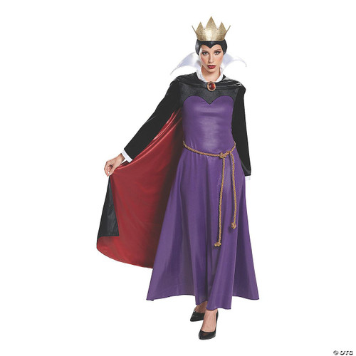 Disguise Snow White Evil Queen Deluxe Costume - Adult, an elegant adult costume featuring a purple gown, a black cape with red lining, a white high collar, and a gold crown for a regal evil queen look.