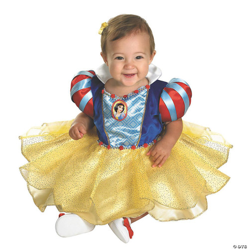 Disguise Snow White™ Ruffle Costume - 12-18 Months, a baby girl dressed in Snow White costume with yellow skirt, blue bodice, and striped puff sleeves, smiling happily.