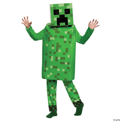 Disguise Minecraft Creeper Deluxe Child Costume, a child in a green, pixelated Creeper costume from Minecraft with a box head and matching pants, ideal for Minecraft-themed dress-up and Halloween.