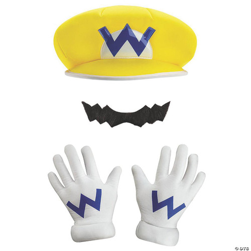 Disguise Wario Super Mario Bros.™ Costume Kit, costume kit includes a yellow cap with Wario emblem, black mustache, and white gloves with blue Wario emblem.