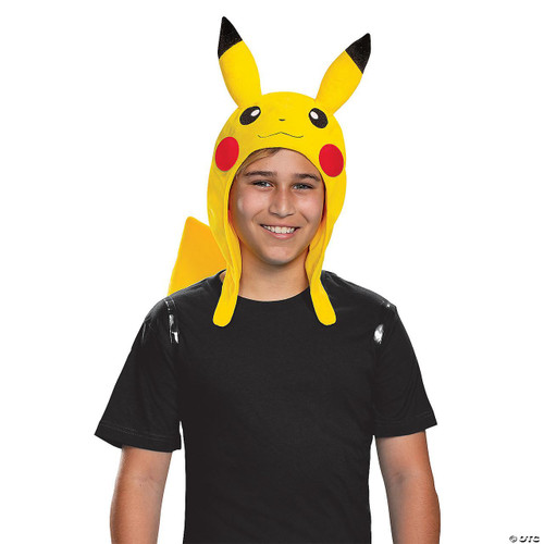 Disguise Pikachu Accessory Kit, Pikachu-themed costume hat with large ears and cheerful face, worn by a smiling young boy in a black shirt.