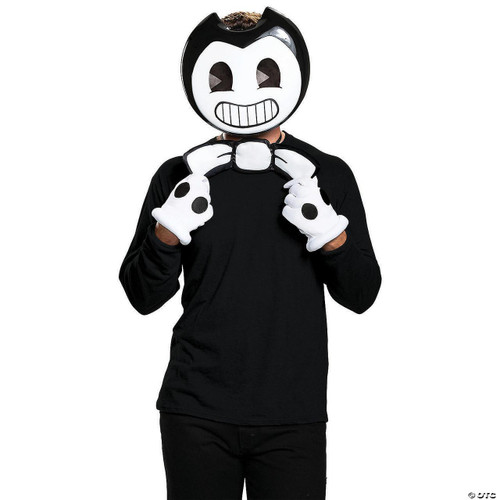 Disguise Bendy and the Ink Machine Kit, person wearing a large Bendy cartoon mask with a wide smile and black eyes, also wearing gloves with black dots, holding the mask with both hands.