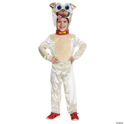 Disguise Rolly Classic Child Costume - Puppy Pals, child wearing a playful puppy dog costume with a large puppy face hood and beige satin body suit with red shoes.