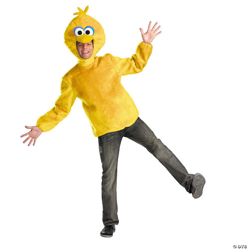 Disguise Sesame Street™ Big Bird Costume - Adult, person wearing a full-body plush yellow bird costume with a large bird head, cartoonish eyes, and a beak, while posing playfully.
