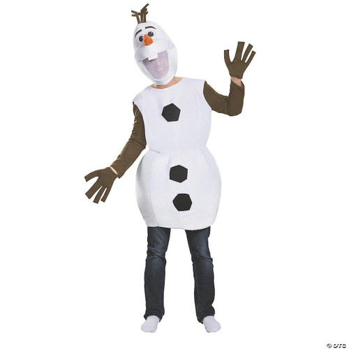 Disguise Olaf Deluxe Adult Costume - Frozen, person wearing a snowman costume with Olaf's face mask, white body suit with black buttons, brown arms with gloves, and a playful snowman design.