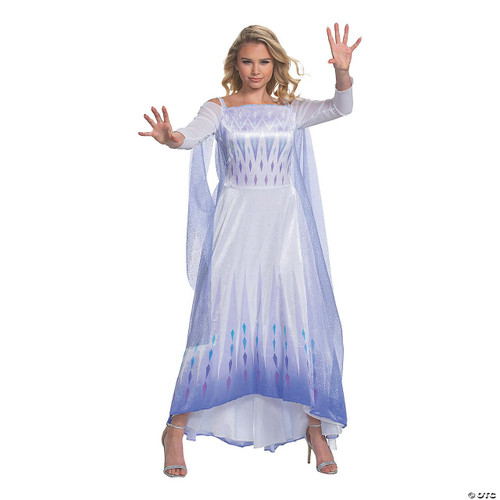 Disguise Frozen II Elsa S.E.A. Deluxe Costume - Adult, woman dressed as Elsa from Frozen II with a shimmering blue and white gown, cape, and ice pattern details.