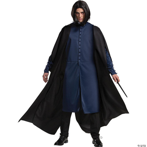 Disguise Severus Snape Deluxe Harry Potter Costume Adult, a man dressed in a detailed Snape costume including a long black cloak, navy blue robe, and a black wig, holding a wand, perfect for cosplay or Halloween.