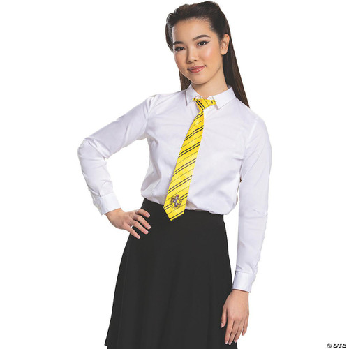 Disguise Hufflepuff Tie - Harry Potter - Adult, yellow and black striped Hogwarts house tie featuring the Hufflepuff crest, worn with a white shirt for cosplay or costume.