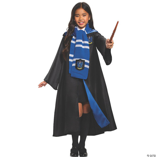 Disguise Harry Potter Ravenclaw Scarf, a blue and grey striped scarf with the Ravenclaw emblem, worn by a young girl dressed as Harry Potter in a costume.