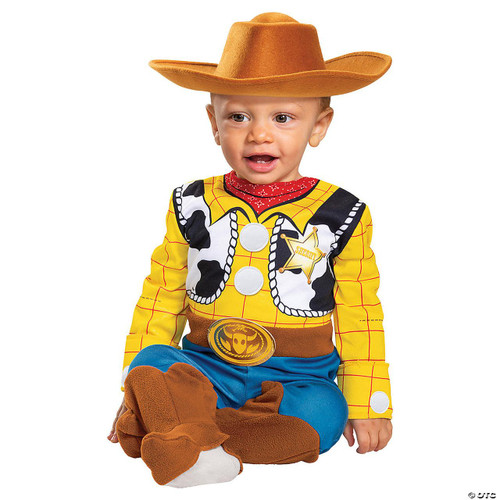Disguise Woody Deluxe Infant Costume - Toy Story, adorable baby dressed as Woody from Toy Story with a cowboy hat, yellow plaid shirt, sheriff badge, blue pants, and plush brown boots.
