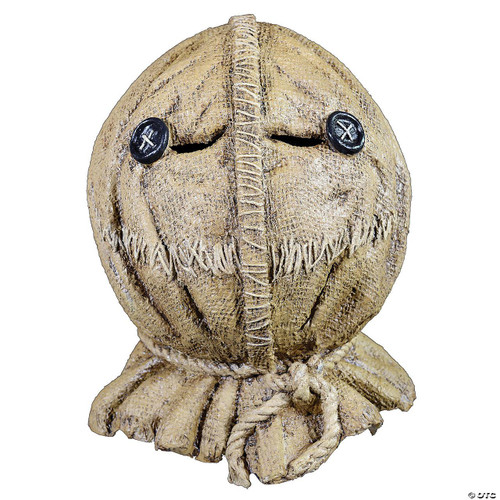 Trick or Treat Studios Trick 'R Treat Sam Burlap Full Head Mask, detailed burlap texture mask resembling Sam from the movie, with stitched features and button eyes.