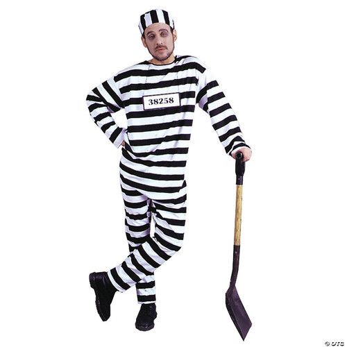 Fun World Convict Costume- Adult, man in black and white striped prison uniform with a cap, holding an axe, for costume or Halloween event.
