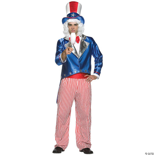 Rasta Imposta Uncle Sam Costume - Adult, a man dressed in a patriotic Uncle Sam outfit featuring a tall red, white, and blue hat, a blue jacket with silver lapels, red and white striped pants, and a white beard.