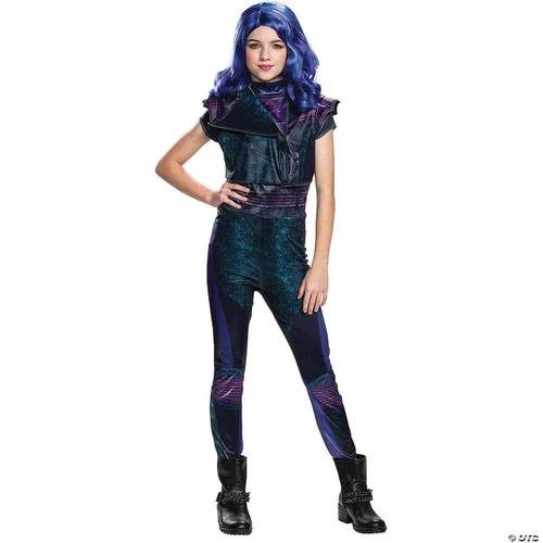 Disguise Mal Classic Child Costume - Descendants 3, a young girl wearing a vibrant black and purple superhero-like costume with blue wavy hair and black boots.