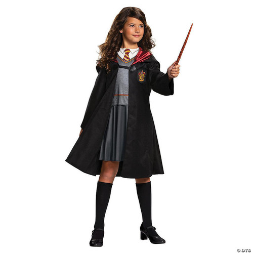 Disguise Hermione Granger Classic Costume - Child, young girl dressed as Hermione Granger in Hogwarts robes with wand, wig, and accessories, ready for dress-up or cosplay.