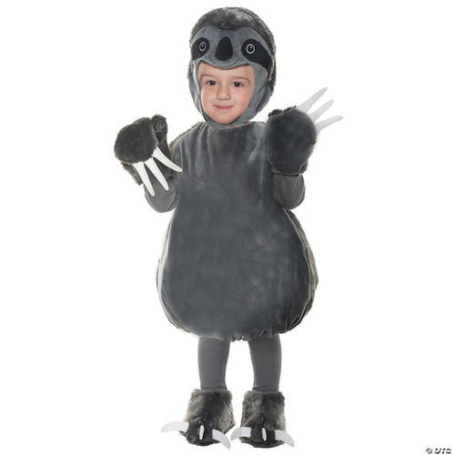 Underwraps Sloth Toddler Costume, a child's costume designed to resemble a cute sloth with plush gray fabric, a hood with sloth face details, and claw gloves and feet for a fun, cozy cosplay look.