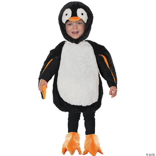 Underwraps Penguin Costume Toddler, child's dressed in a fluffy black and white penguin costume with orange beak and feet, designed for kids' cosplay or dress-up.