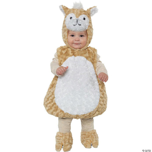 Underwraps Llama Toddler Costume, a cute fluffy llama costume for toddlers with a hood featuring a llama face, beige and white fur details, and matching leg warmers, perfect for Halloween or dress-up play.