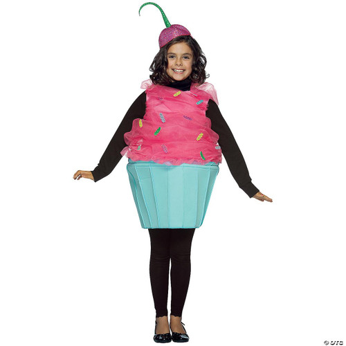 Rasta Imposta Sweet Eat Cupcake - Child, a girl wearing a cupcake costume with a pink icing top decorated with sprinkles and a blue cupcake base